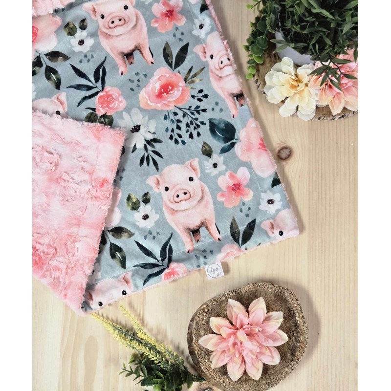 Floral pig - Made to order - Blanket - Plain fur to be chosen upon reception of the printed fabric